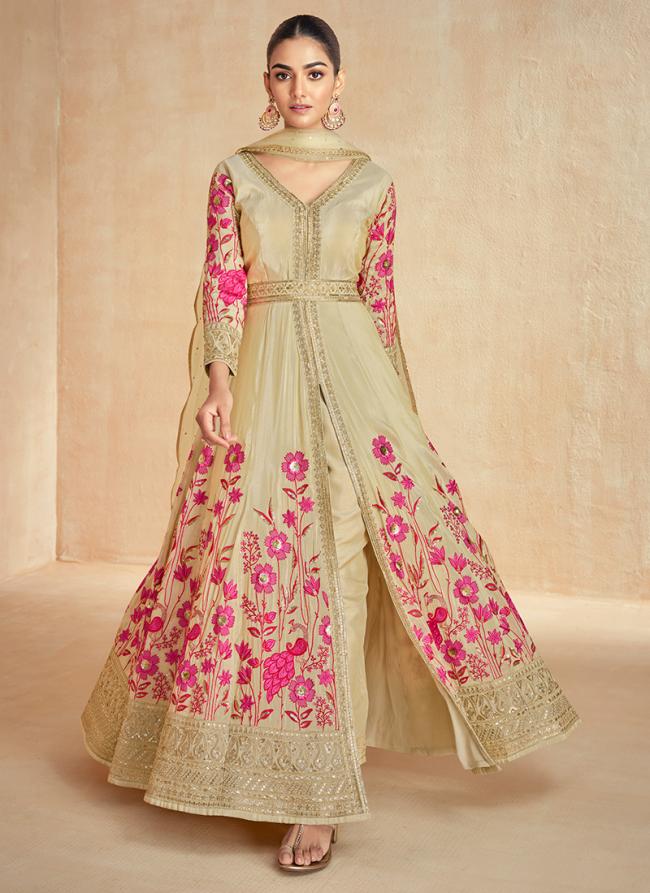 Premium Silk Biege Wedding Wear Embroidery Work Readymade Anarkali Suit